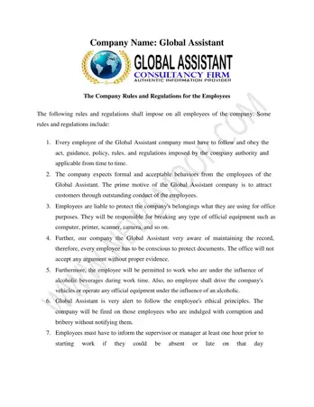 Company Rules And Regulations Sample For Employees In Private Org Company Rules And Regulations Sample For Employees In Private Org