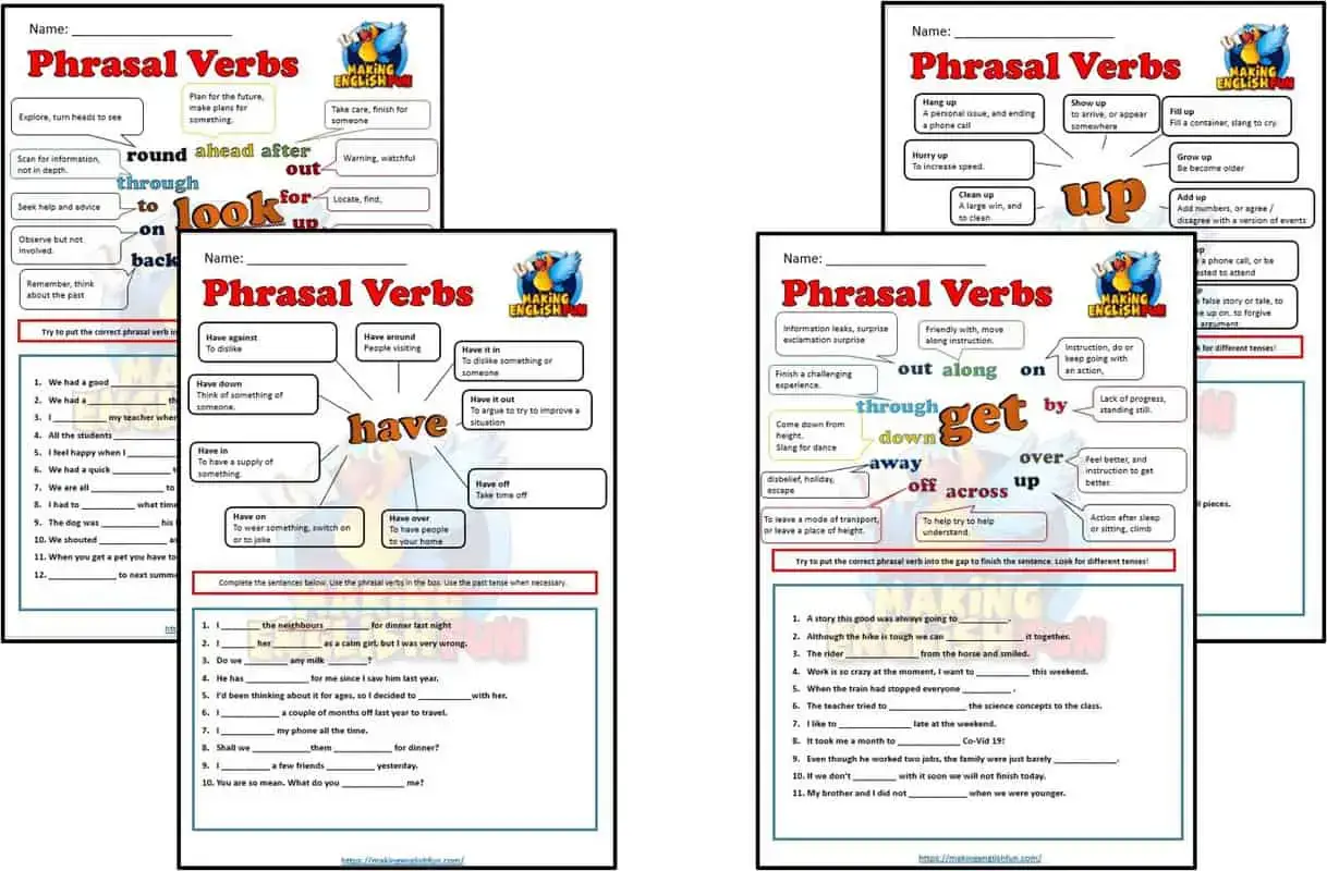 phrasal verb worksheets set two making english fun