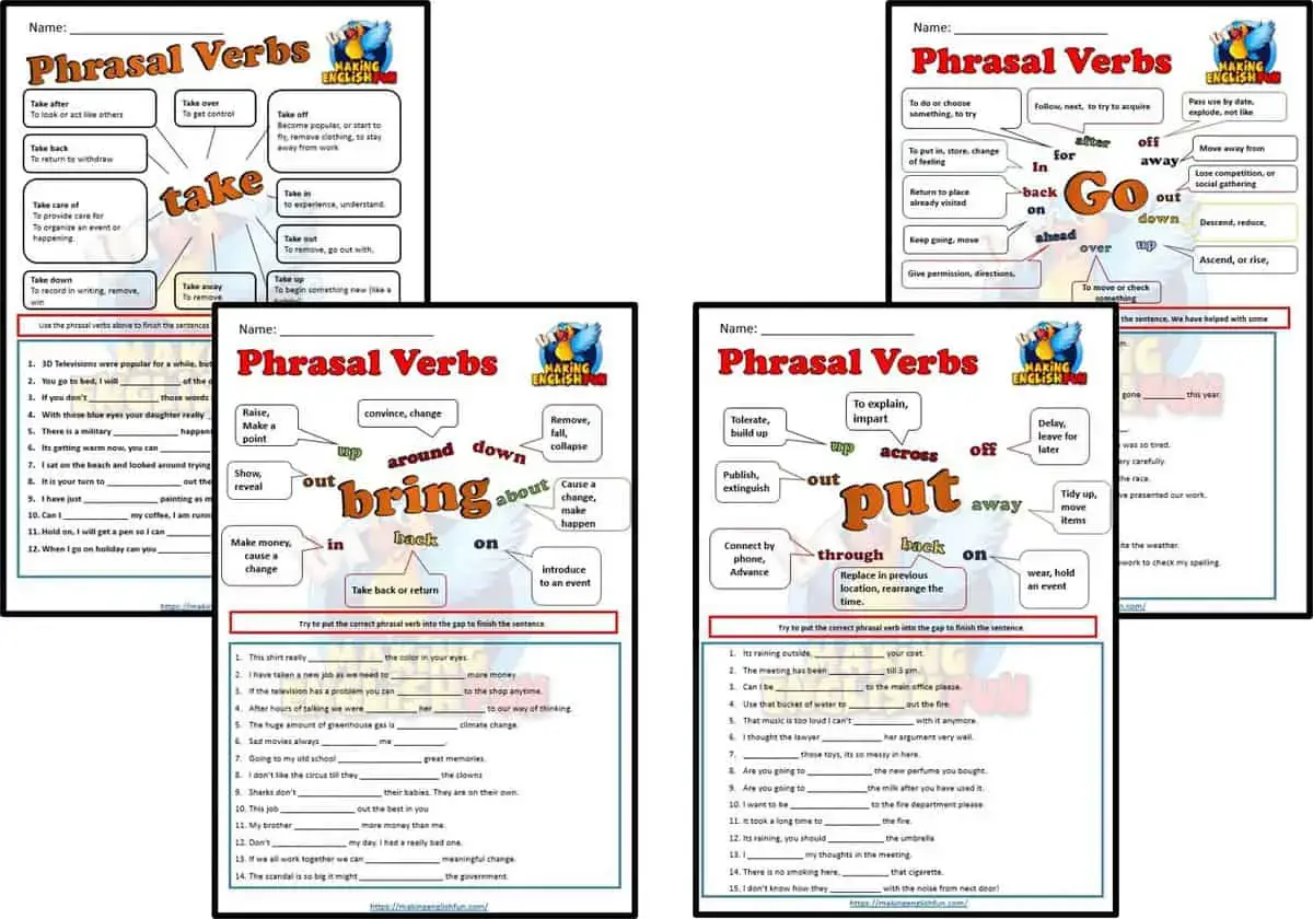 phrasal verb worksheets set one making english fun