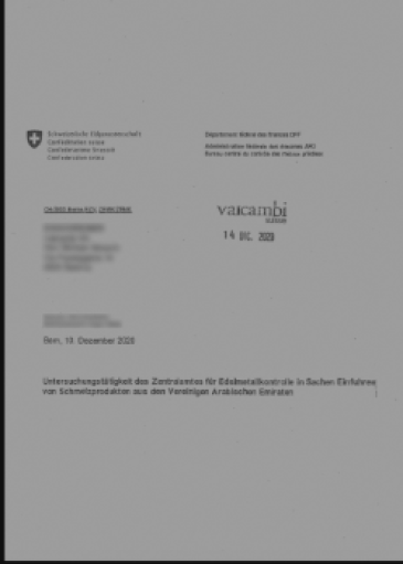 The confidential letter from the Swiss authorities, obtained by the RTS as well as by the newspaper NZZ am Sonntag, which warns the management of Valcambi about its high-risk practices. [RTS]