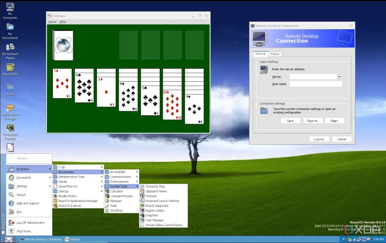 ReactOS desktop with an expanded start menu, with the RDP client and Solitaire running on background