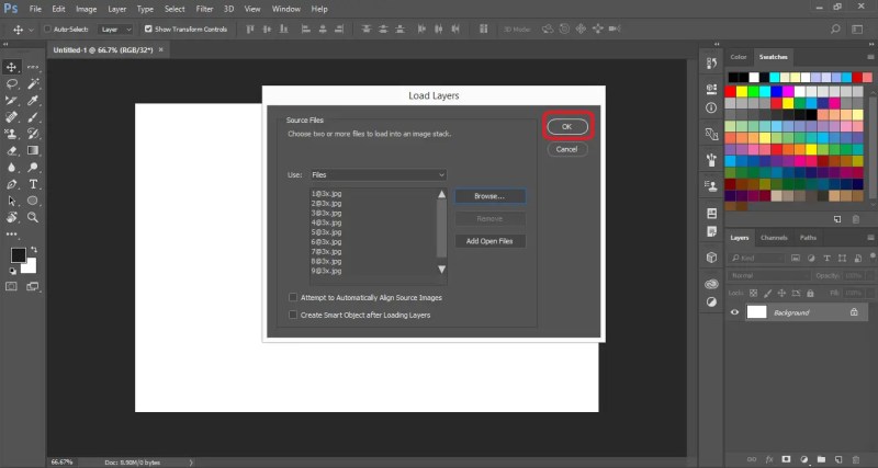 Click Ok to open images as layers