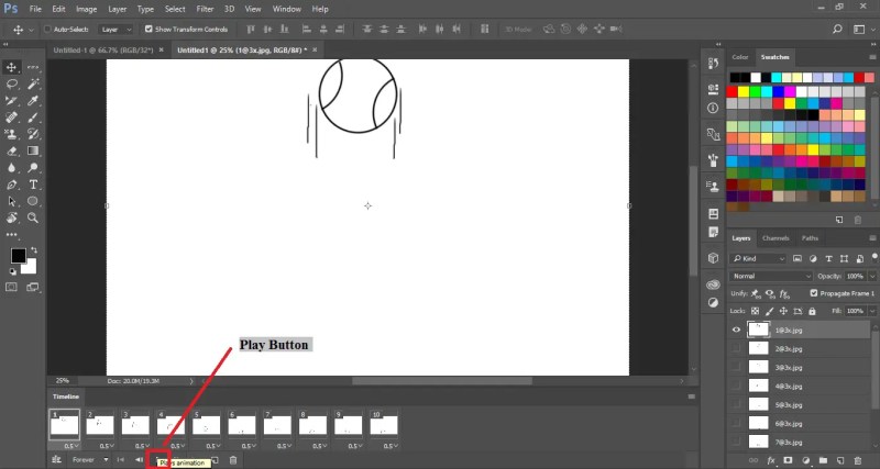 select Play button to play the GIF in Photoshop