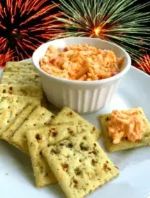 Pimento cheese dip with crackers and fireworks.