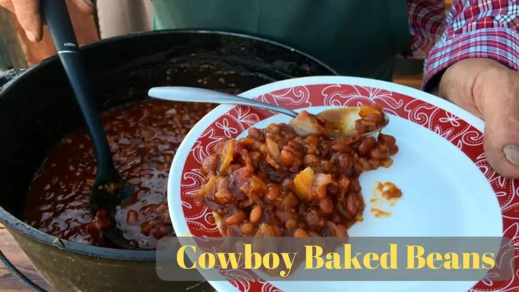 Cowboy-Baked-Beans-1024x576 Cowboy baked beans on a white plate.