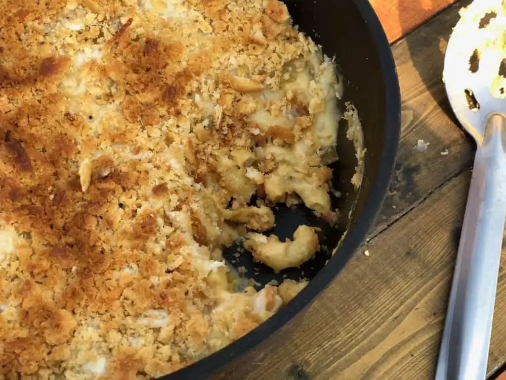 maccheese-1024x768 Golden brown mac and cheese casserole in a pan.