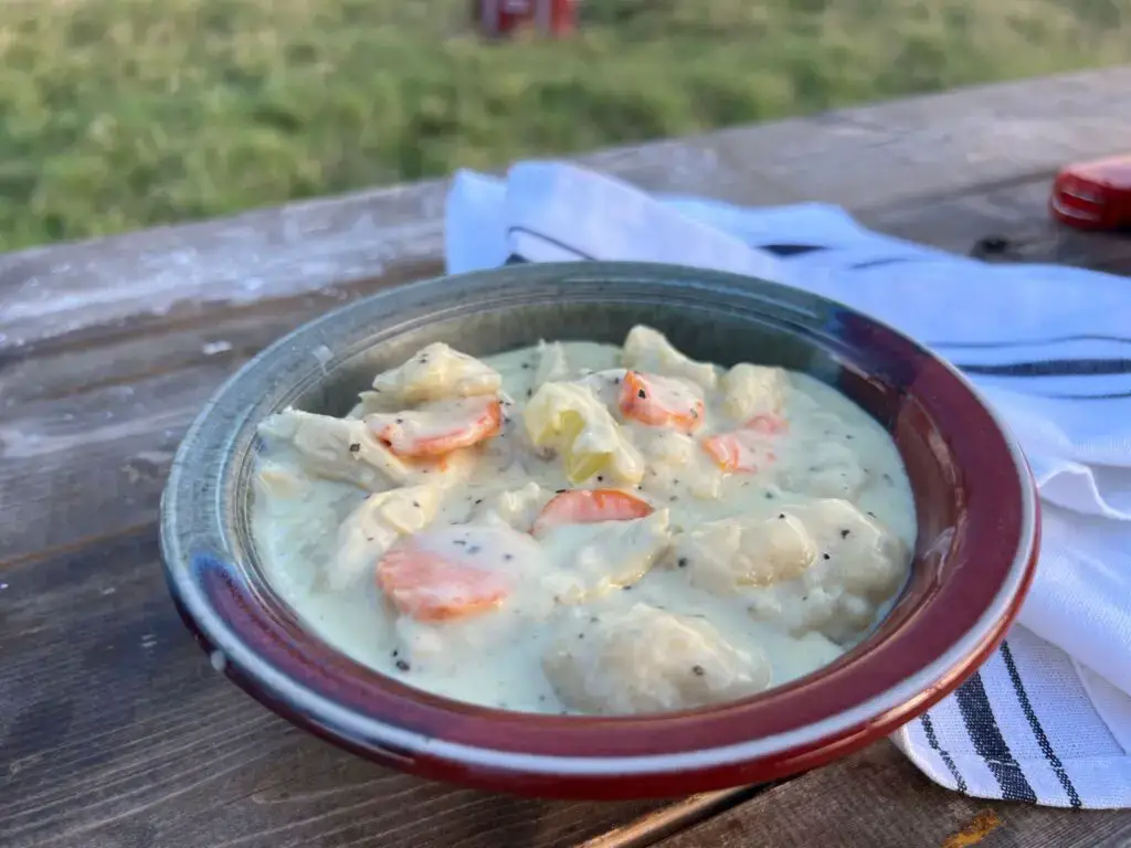 Bowl of creamy chicken and dumplings.