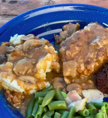 Screen-Shot-2021-01-20-at-12.19.35-PM A blue bowl of food with meat, beans and mushrooms.