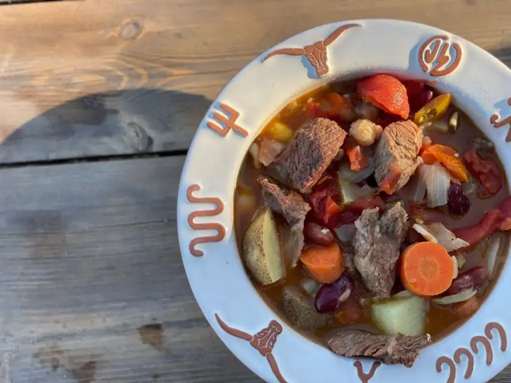 Beef and vegetable stew in a bowl.