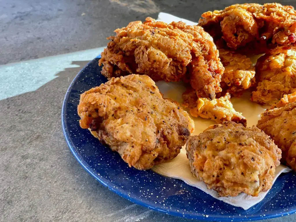 A plate of fried food on top of a table.