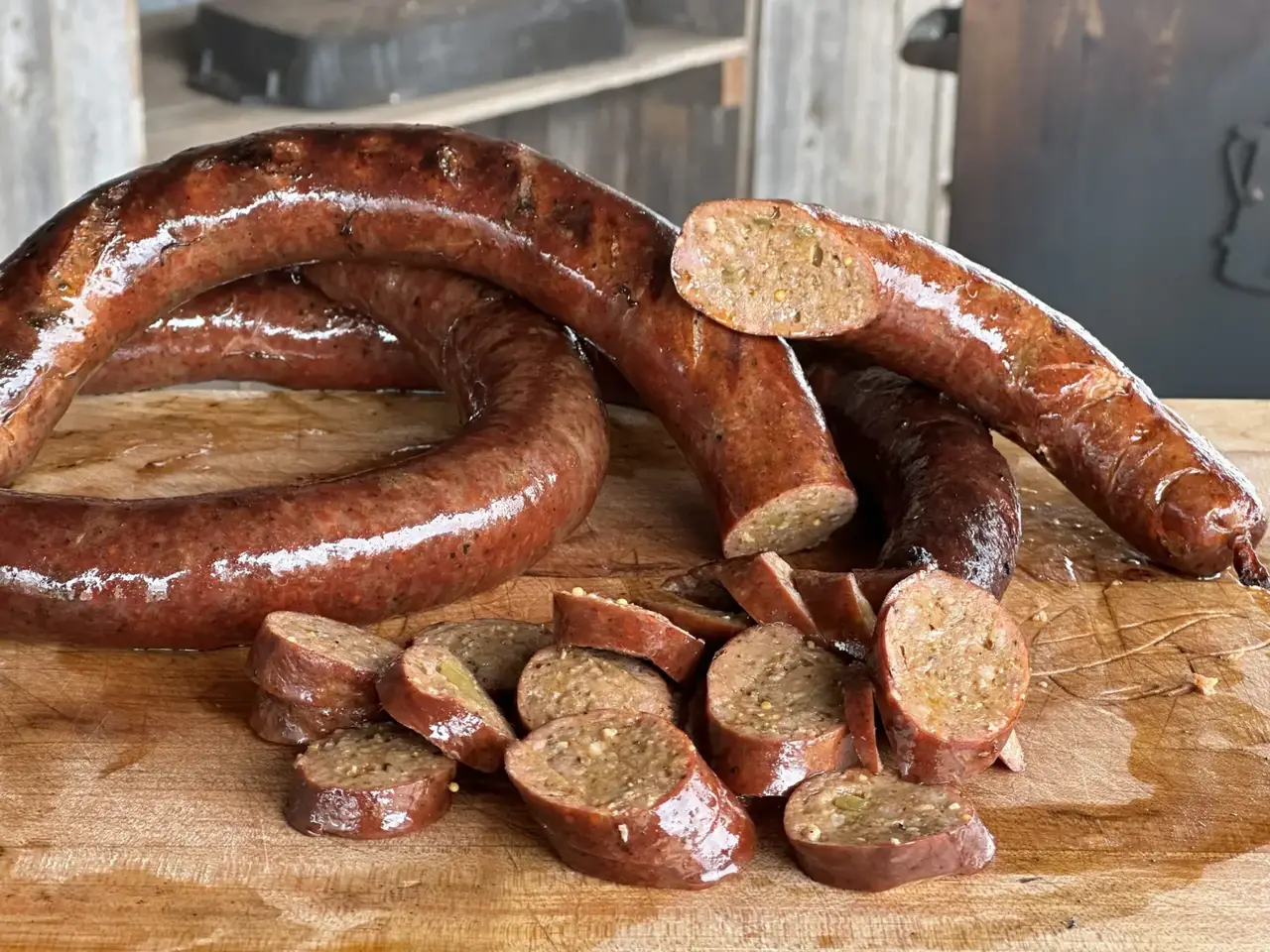 A bunch of sausage sitting on top of a table.