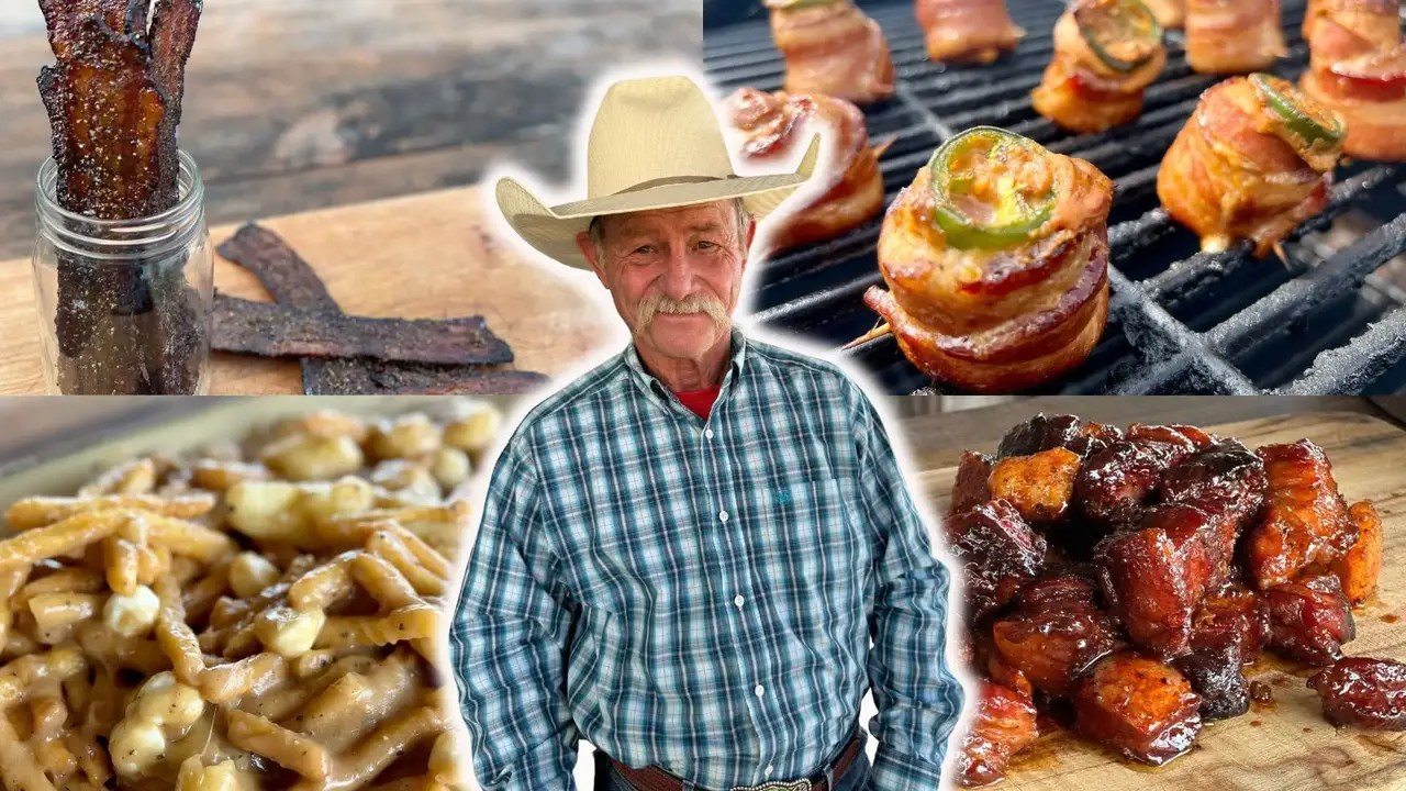 Man and various bacon recipes.