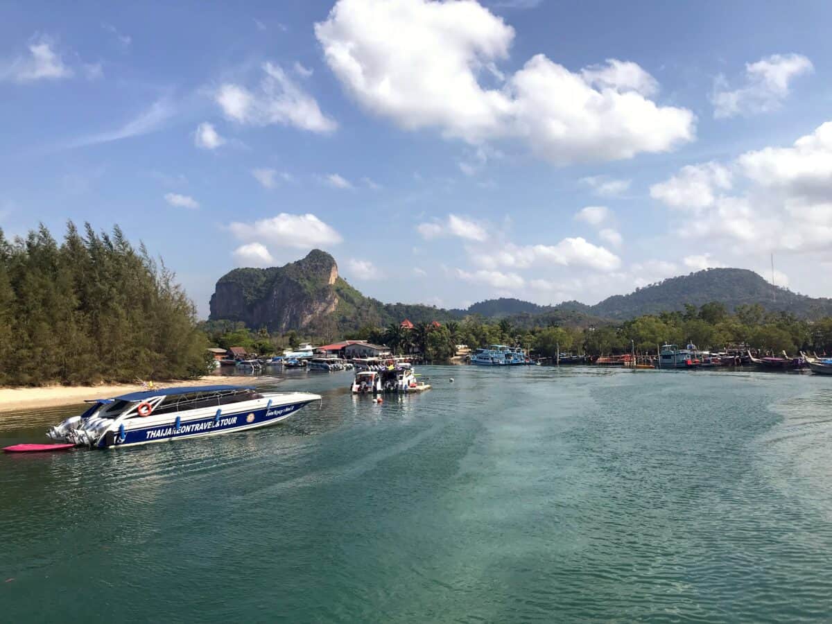 Ao Nang waterfront with boats. Where to Stay in Krabi