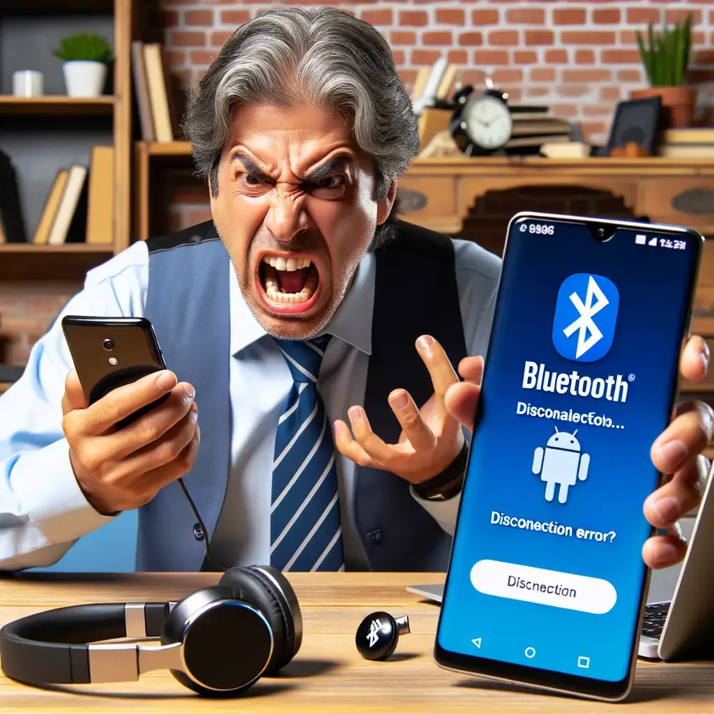 Frustrated user holding Bluetooth headphones next to an Android phone showing a connection error in Bluetooth settings, highlighting common Bluetooth connection issues with wireless devices.