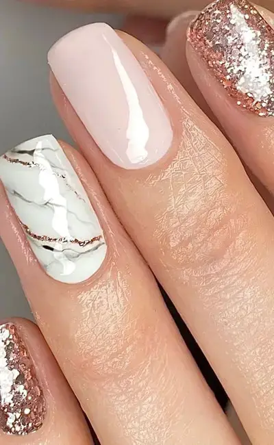 Rose Gold With White Marble Nails