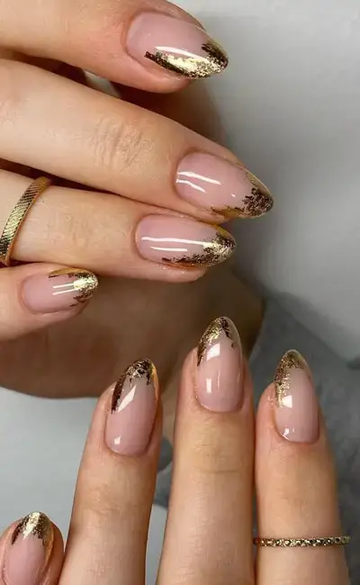 Pink Nails With Rose Gold Glitter French Tips