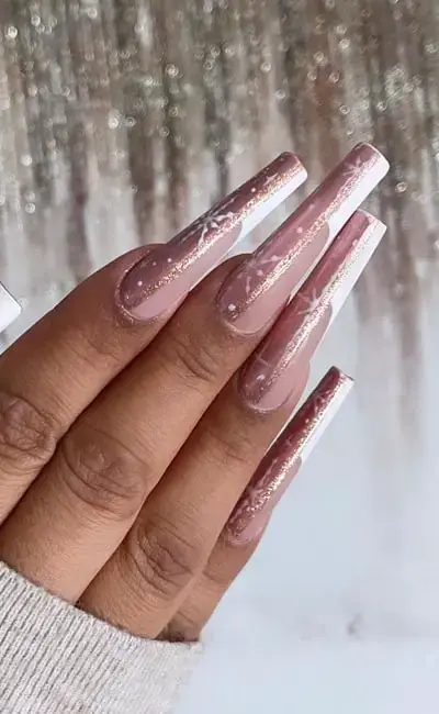 Snow Flakes Long Square Nails With Rose Gold Accents