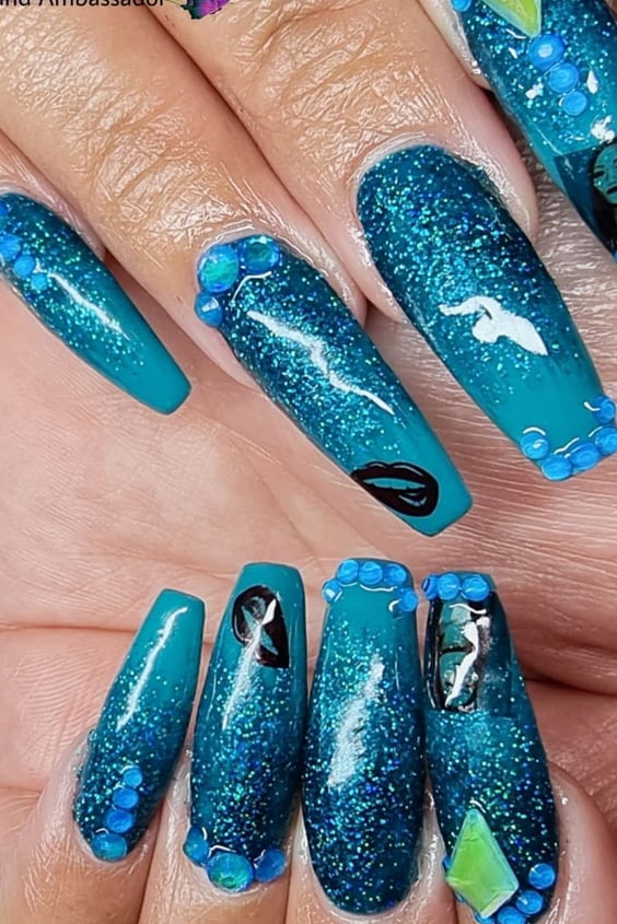 Turquoise French Tip Gem Short Square Shape Nail  KAY Artisan Nails