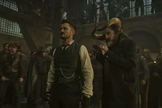 Orlando Bloom and Stewart Scudamore in season 2 of Carnival Row (2023)